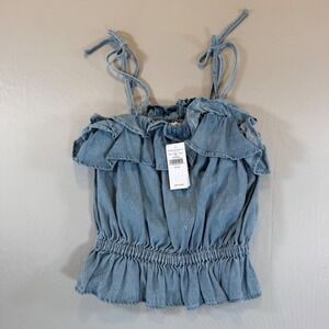 American Eagle Ruffle Denim Cami Top Shirt‎ XS Smocked Festival Cowgirl Boho NEW